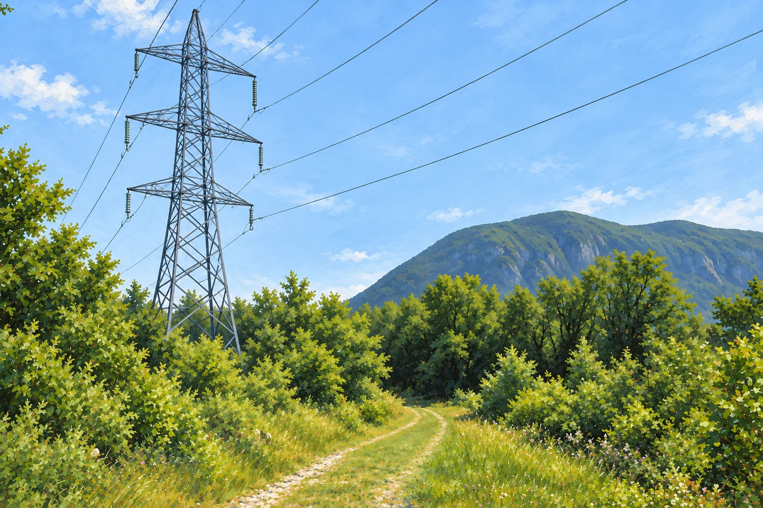 A painted illustration of a transmission tower and overhead lines above green woodland, a grassy path, and a distant mountain ridge.