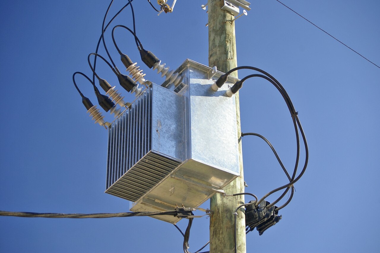 A three-phase pole-mounted distribution transformer in Australia.