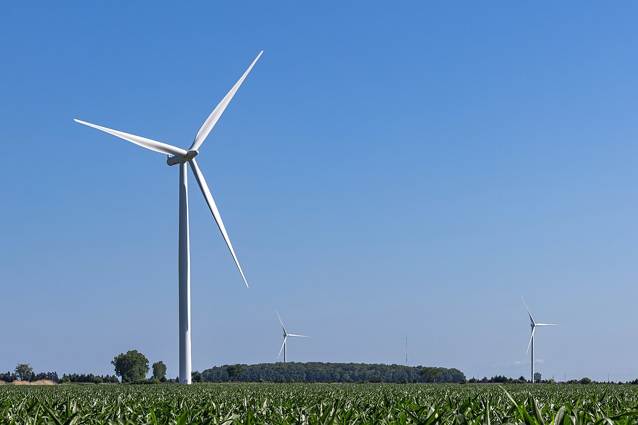 Wind turbines in Essex County, Ontario, Canada.